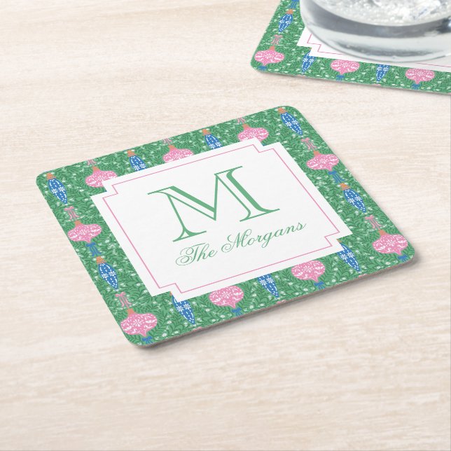 Posavasos Cuadrado De Papel Monograma de adornos navideños festivos (En perspectiva)