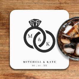 Posavasos Cuadrado De Papel Monograma de anillos de diamantes blancos y negros