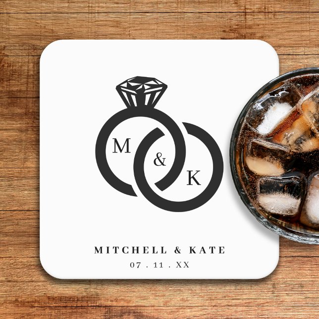 Posavasos Cuadrado De Papel Monograma de anillos de diamantes blancos y negros (White & Black Diamond Ring Monogram Wedding Square Paper Coaster)