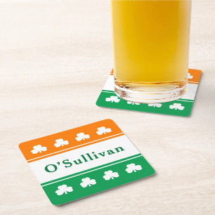 Posavasos Cuadrado De Papel Monograma de apellido de trébol de bandera irlande
