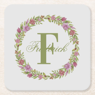 Posavasos Cuadrado De Papel Monograma de apellido floral rosa verde personaliz