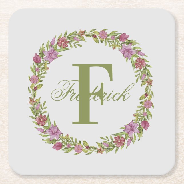 Posavasos Cuadrado De Papel Monograma de apellido floral verde rosa personaliz (Anverso)