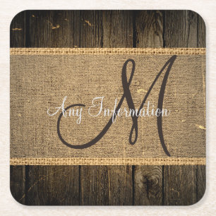 Posavasos Cuadrado De Papel Monograma de aspecto de madera rústica de Burlap v