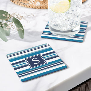 Posavasos Cuadrado De Papel Monograma de banda múltiple azul y blanco