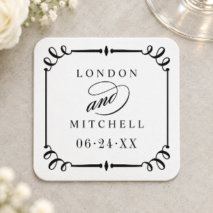 Posavasos Cuadrado De Papel Monograma de boda con marco de rollo negro vintage