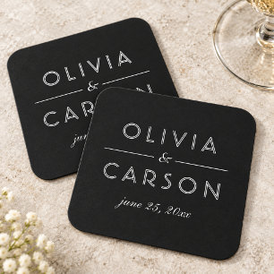 Posavasos Cuadrado De Papel Monograma de boda elegante en blanco y negro