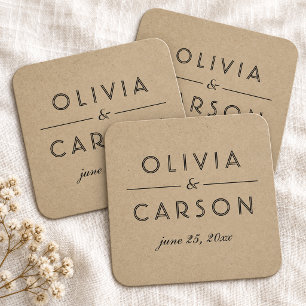Posavasos Cuadrado De Papel Monograma de boda moderno Kraft y negro