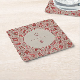 Posavasos Cuadrado De Papel Monograma de boda rústico kraft-red Lace