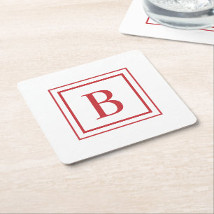 Posavasos Cuadrado De Papel Monograma de borde cuadrado rojo y blanco