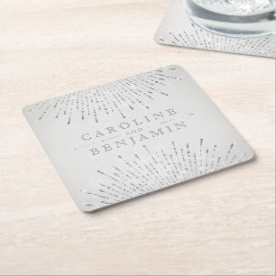 Posavasos Cuadrado De Papel Monograma de casamiento deco vintage de purpurina 