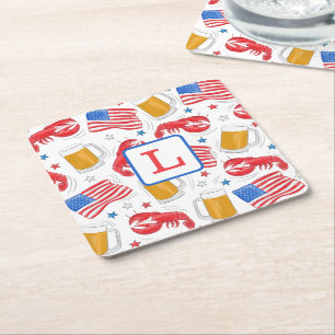 Posavasos Cuadrado De Papel Monograma de Cerveza de Langosta con Bandera Ameri