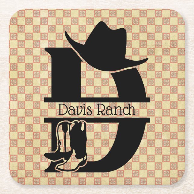 Posavasos Cuadrado De Papel Monograma de cowboy 'D' dividido (Anverso)