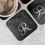Posavasos Cuadrado De Papel Monograma de espuma de Purpurina negro personaliza<br><div class="desc">Personalice fácilmente este elegante diseño de montaña de papel cuadrado de moda con un purpurina brillante negro de bonito sobre un fondo metálico negro cepillado.</div>