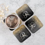 Posavasos Cuadrado De Papel Monograma de espuma negra Purpurina de oro persona<br><div class="desc">Personalice fácilmente este elegante diseño de estuche de papel cuadrado de moda con un purpurina brillante de bonito dorado sobre un fondo metálico negro cepillado.</div>