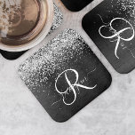 Posavasos Cuadrado De Papel Monograma de espuma negra Purpurina plateado perso<br><div class="desc">Personalice fácilmente este elegante diseño de montaña de papel cuadrado de moda con un purpurina brillante de plata de bonito sobre un fondo metálico negro cepillado.</div>