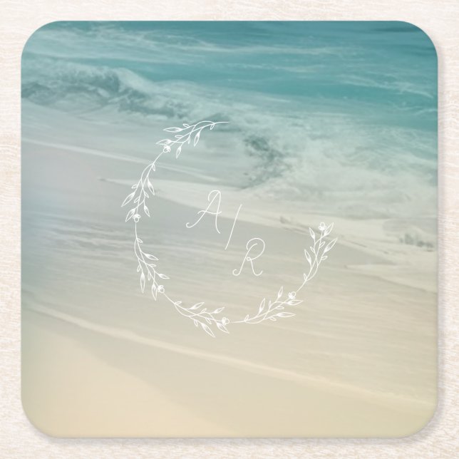 Posavasos Cuadrado De Papel Monograma de eventos de playa (Anverso)
