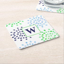 Posavasos Cuadrado De Papel Monograma de flor azul verde de la marina de color