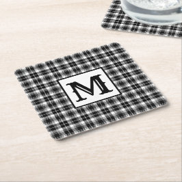Posavasos Cuadrado De Papel Monograma de Gingham blanco y negro