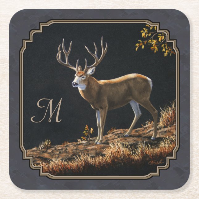 Posavasos Cuadrado De Papel Monograma de Gris de carbón de Mule Deer Buck (Anverso)