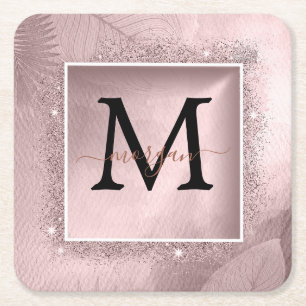 Posavasos Cuadrado De Papel Monograma de guión de Purpurina dorado Rosa
