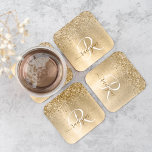 Posavasos Cuadrado De Papel Monograma de impresión Metalizado con pincel de or<br><div class="desc">Personalice fácilmente este diseño de montaña rusa de papel de moda de moda con purpurina brillante de oro en bonito sobre fondo metálico cepillado de oro.</div>