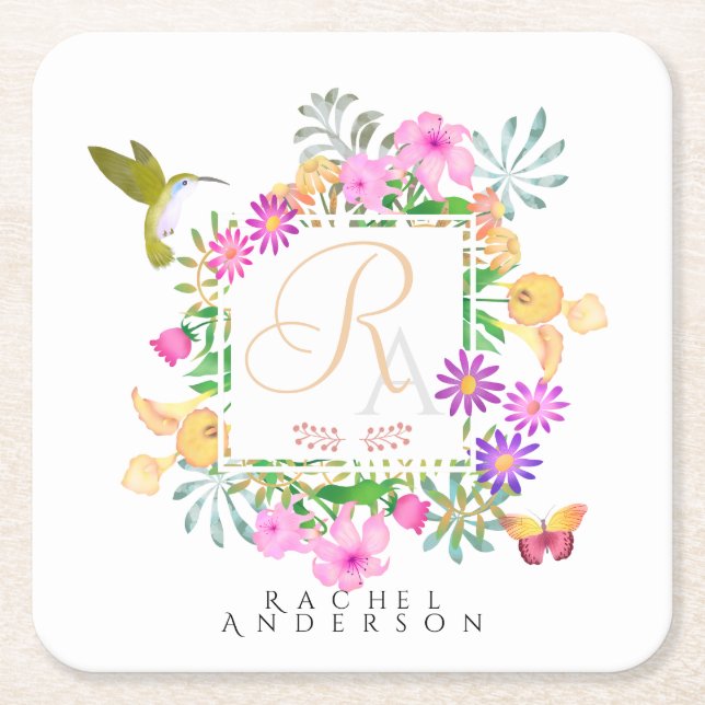 Posavasos Cuadrado De Papel Monograma de jardín floral (Anverso)