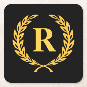 Posavasos Cuadrado De Papel Monograma de la corona de oro y negro