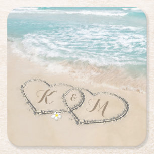 Posavasos Cuadrado De Papel Monograma de la costa tropical del corazón