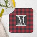 Posavasos Cuadrado De Papel Monograma de la marca de protección de búfalos roj<br><div class="desc">Máscaras de papel monograma diseñadas por el personalizado con monograma personalizado y nombre familiar en un patrón de comprobación de búfalo negro y rojo,  plaid/gingham.</div>
