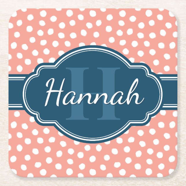 Posavasos Cuadrado De Papel Monograma de la Marina de Patrón Blanco Rosa (Anverso)