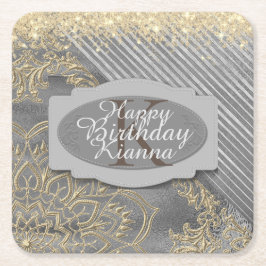 Posavasos Cuadrado De Papel Monograma de la moda Purpurinoso Mandala