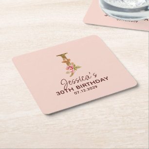 Posavasos Cuadrado De Papel Monograma de letra J dorada con rosas rosadas