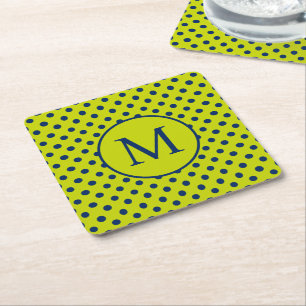 Posavasos Cuadrado De Papel Monograma de lunares verde lima y azul marino