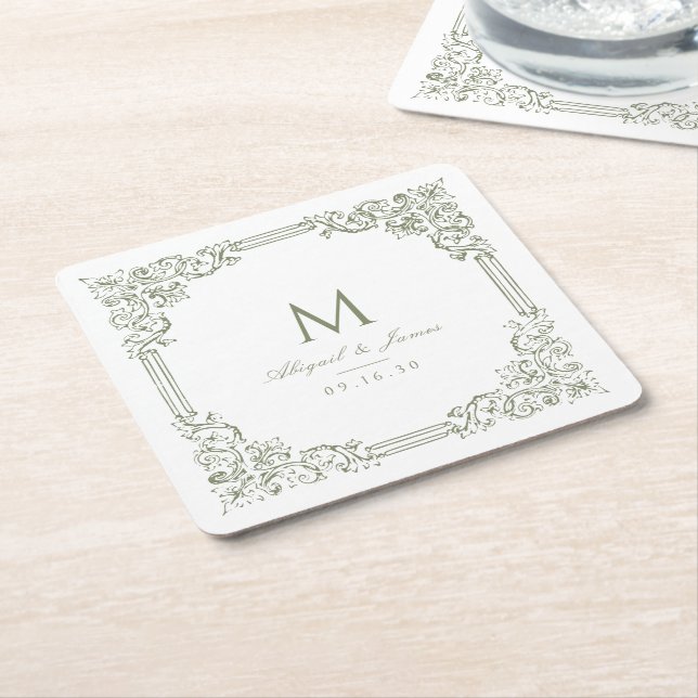 Posavasos Cuadrado De Papel Monograma de matrimonio elegante con marco de colo (En perspectiva)
