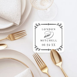 Posavasos Cuadrado De Papel Monograma de matrimonio personalizado con marco de