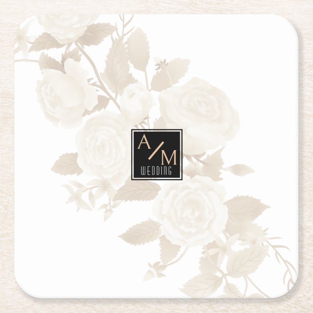 Posavasos Cuadrado De Papel Monograma de Moda boda (Anverso)