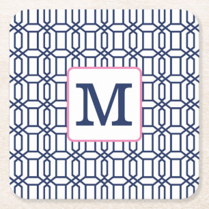 Posavasos Cuadrado De Papel Monograma de octágono blanco elegante azul