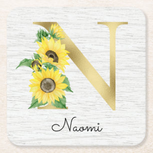 Posavasos Cuadrado De Papel Monograma de oro Girasol Femenino Floral Inicial N