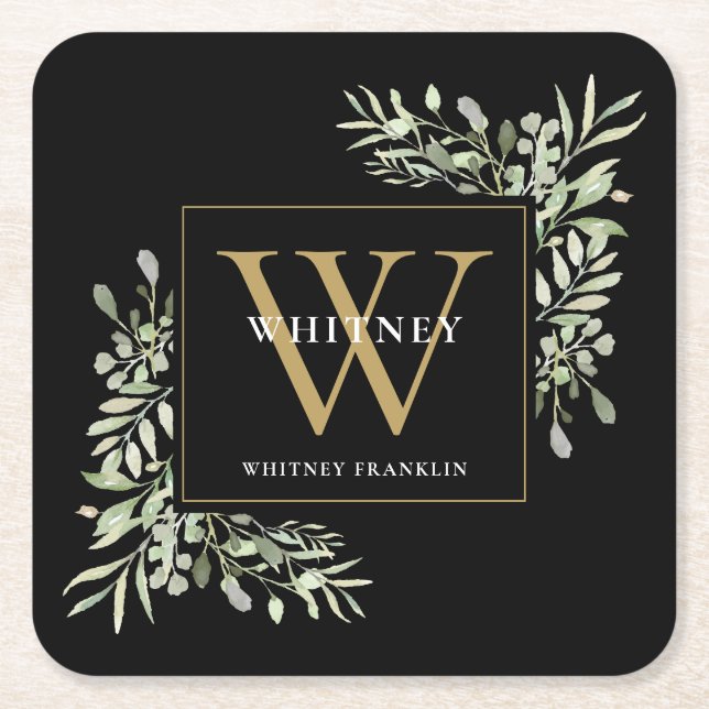 Posavasos Cuadrado De Papel Monograma de oro negro Elegante verde moderno (Anverso)