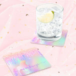 Posavasos Cuadrado De Papel Monograma de oro rosa rosa de purpurina de unicorn<br><div class="desc">Un fondo iridiscente a la moda con unicornio y colores pastel de arcoiris en tonos rosa, violeta, dorado rosa, verde menta. Decorada con tonalidades purpurinas en oro rosa, rosa, morado y un unicornio de color arcoiris. Letras de color púrpura. Personalice y agregue su nombre escrito con un guión de estilo...</div>