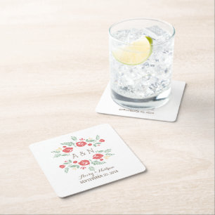 Posavasos Cuadrado De Papel Monograma de papel floral de países rojos