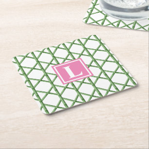 Posavasos Cuadrado De Papel Monograma de Patrón de Bambú de Enrejado Verde Ele