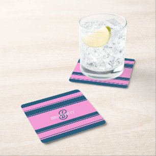 Posavasos Cuadrado De Papel Monograma de patrón de franjas azules y rosas