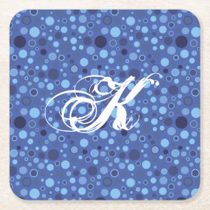 Posavasos Cuadrado De Papel Monograma de puntos de burbuja azul