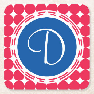 Posavasos Cuadrado De Papel Monograma de puntos de polka azul y rojo