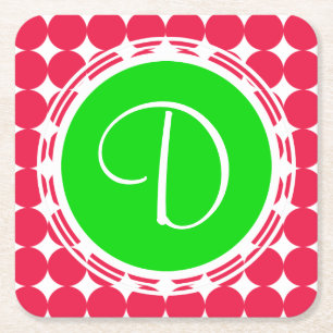 Posavasos Cuadrado De Papel Monograma de puntos de polka verde y rojo
