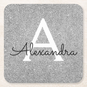 Posavasos Cuadrado De Papel Monograma de Purpurina y espuma plateado y negro