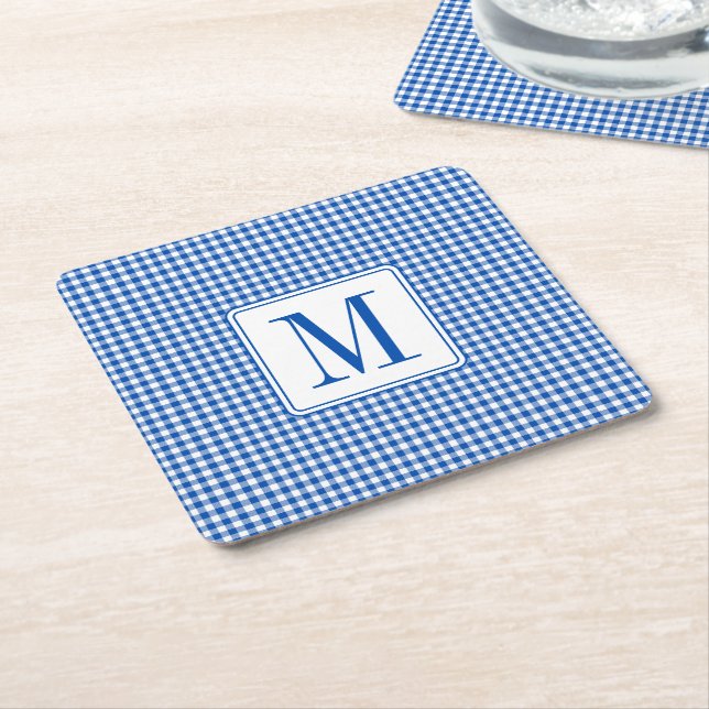 Posavasos Cuadrado De Papel Monograma de Rustic Farmhouse Gingham Plaid (En perspectiva)