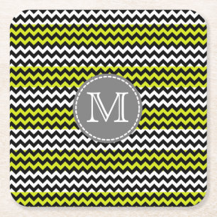 Posavasos Cuadrado De Papel Monograma de zigzag verde negro