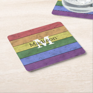 Posavasos Cuadrado De Papel Monograma del arco iris de la bandera LGBT vintage